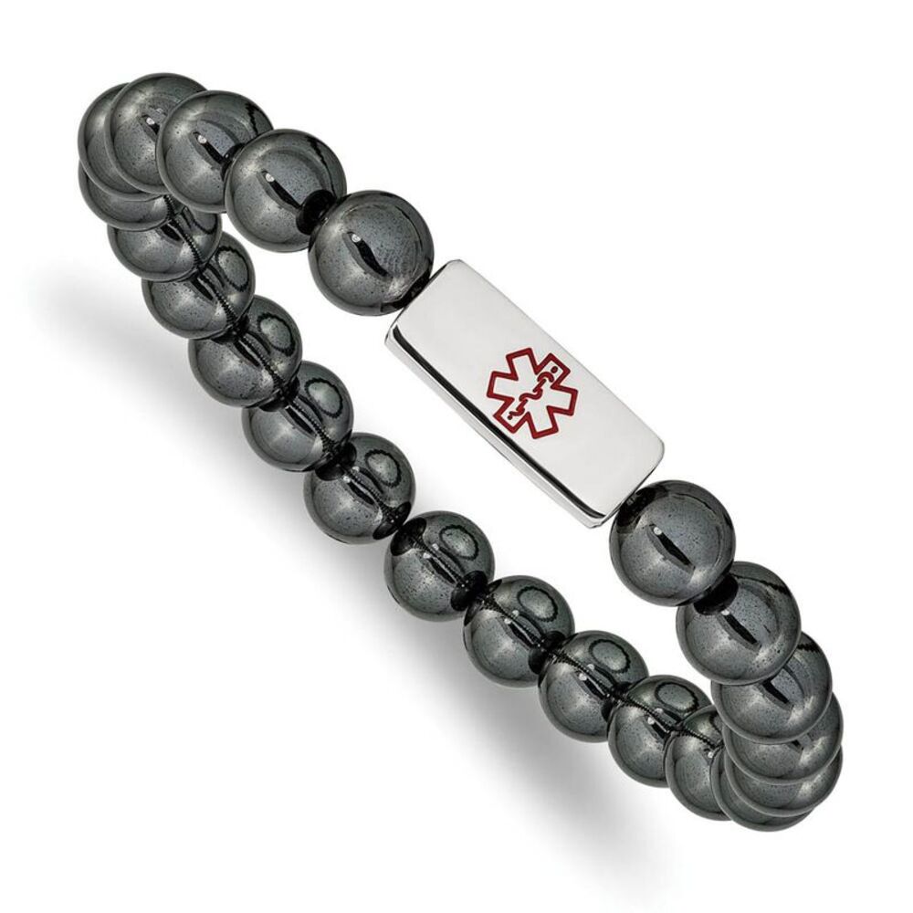 8mm Stainless Steel Hematite Red Enamel Medical I.D. Stretch Bracelet